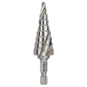 Bordo 4-20 x 2mm Spiral Flute Hex Shank M2-HSS Step Drill, 2604-M2