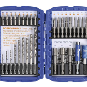 2206-S1, 32 Piece IMPACT Screwdriver Insert Bit, Power Bit, Nutsetter Set with MP-QR+ Insert Bit Holder and Magnetic Sleeve Insert Bit Holder. Includes 2.0-8.0mm HSS Hex Shank Jobber Drills.