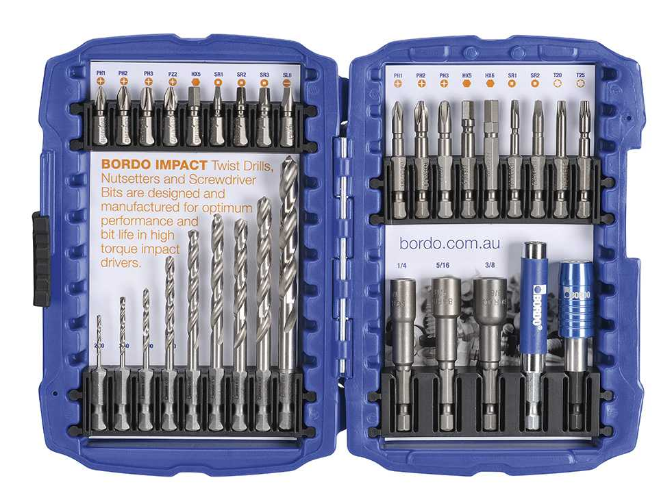 2206-S1, 32 Piece IMPACT Screwdriver Insert Bit, Power Bit, Nutsetter Set with MP-QR+ Insert Bit Holder and Magnetic Sleeve Insert Bit Holder. Includes 2.0-8.0mm HSS Hex Shank Jobber Drills.