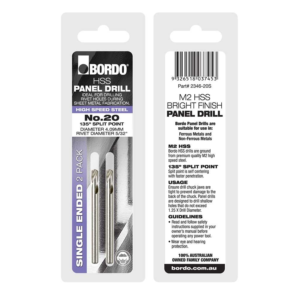 2346-20S, No.20, Bright Single Ended Panel Drill - 2Pk Clam
