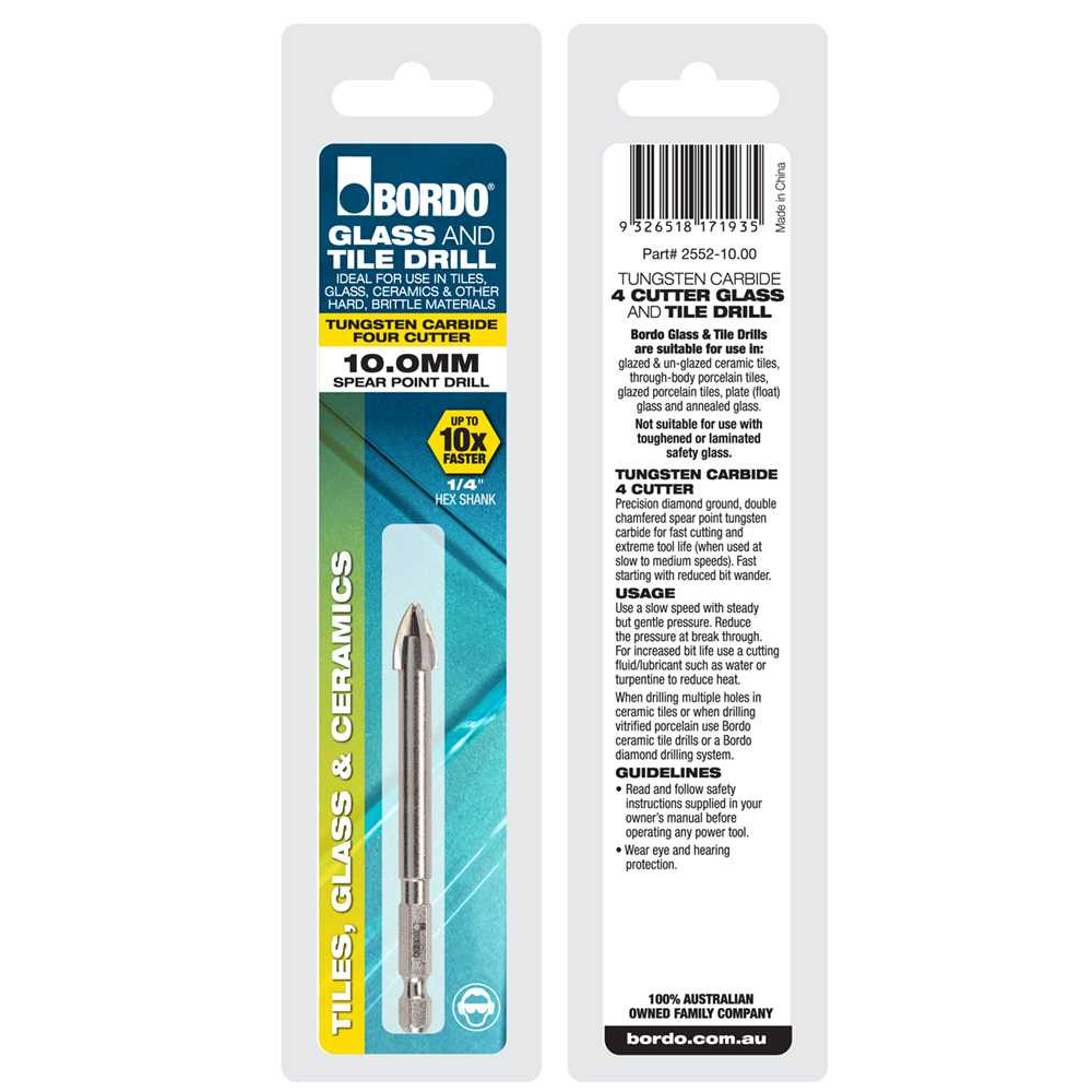 2552-10.00, 10.00mm, 4 Cutter Glass and Tile Drill Hex Shank - Image 3