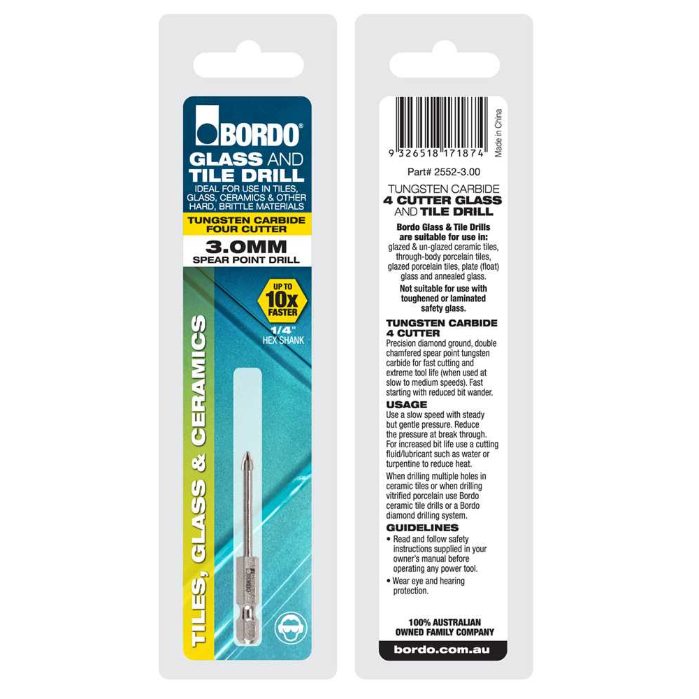 2552-3.00, 3.00mm, 4 Cutter Glass and Tile Drill Hex Shank - Image 3